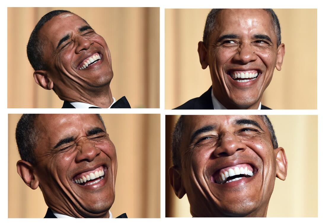 This combination of pictures show US President Barack Obama laughing as...