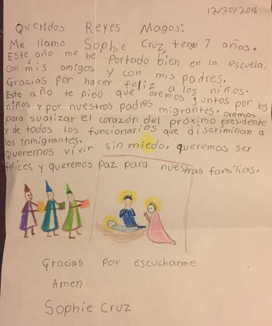 La niña Sophie Cruz pide en su carta orar para “suavizar” el corazón del...
